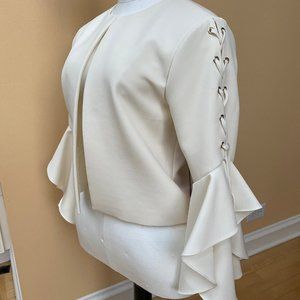 Open-Front Ivory Blazer Laced Ruffled Bell Sleeve